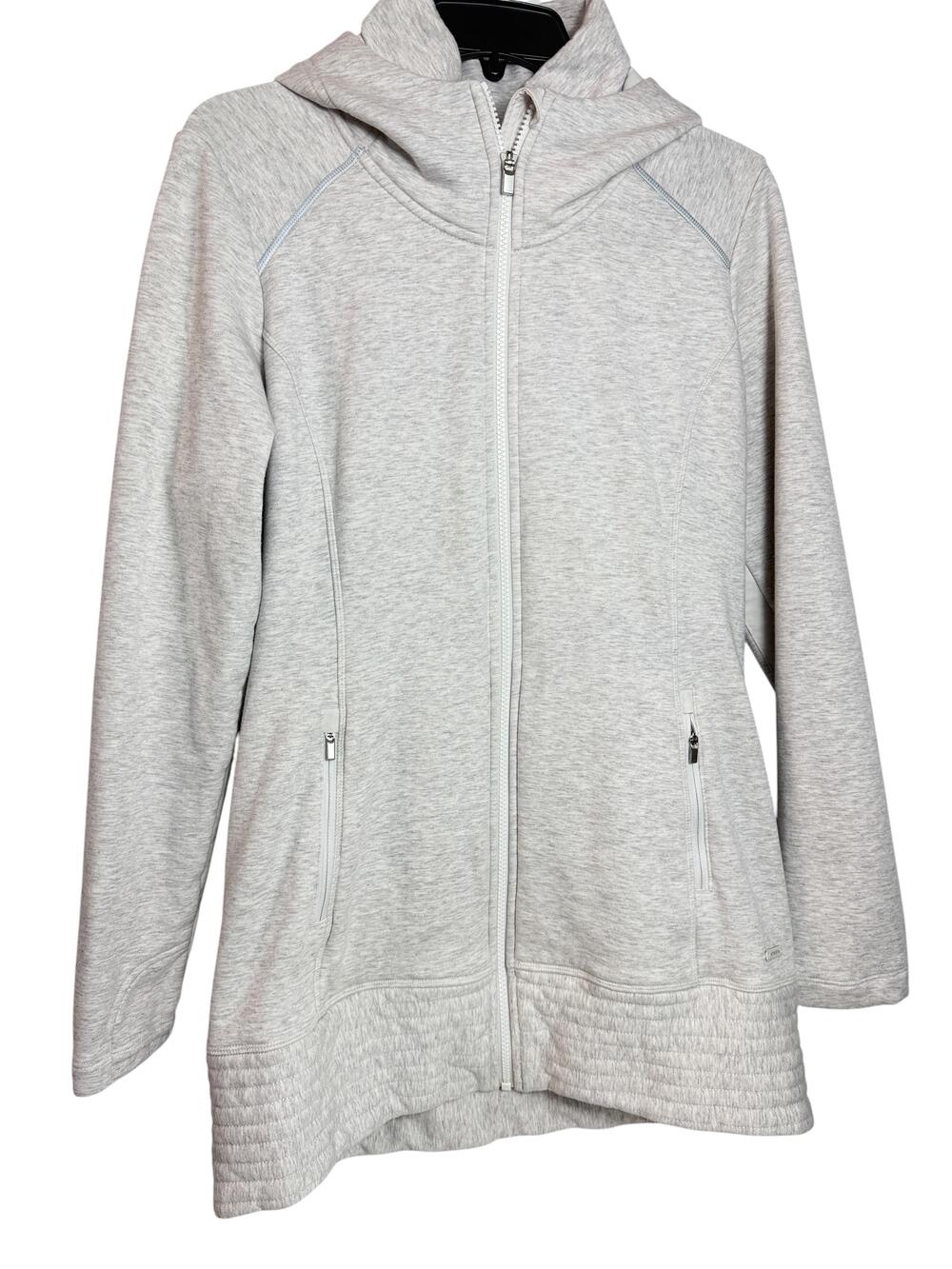 Athleta Jacket Womens Medium Gray Hooded Full Zip Fleece Lined Long Pockets